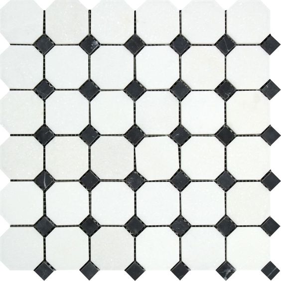 Thassos White Marble Honed Octagon Mosaic Tile w/ Black Dots