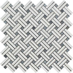 Thassos White Marble Polished Stanza Basketweave Mosaic Tile w/ Blue-gray Dots