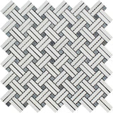 Thassos White Marble Polished Stanza Basketweave Mosaic Tile w/ Blue-gray Dots