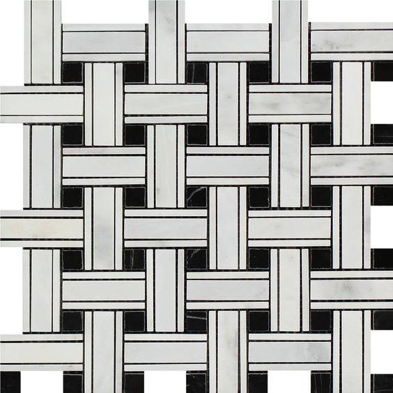 Oriental White / Asian Statuary Marble Honed Triple Weave  Mosaic Tile w / Black Dots