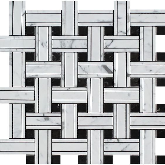 Carrara White Marble Polished Triple Weave  Mosaic Tile w / Black Dots