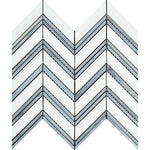 Thassos White Marble Polished Large Chevron Mosaic Tile w / Blue-Gray Dots Strips