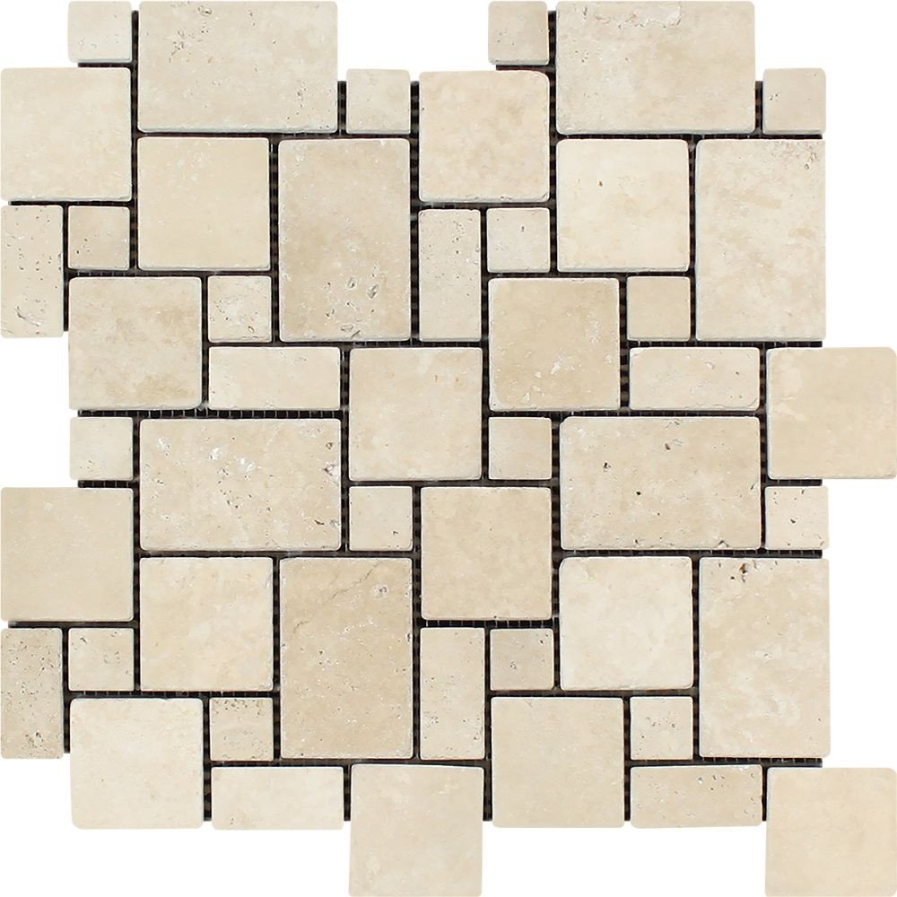 Ivory Travertine Tumbled Mini Versailles Mosaic Tile