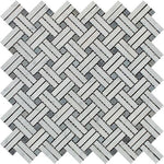 Carrara White Marble Honed Stanza Basketweave Mosaic Tile w/ Blue Gray Dots