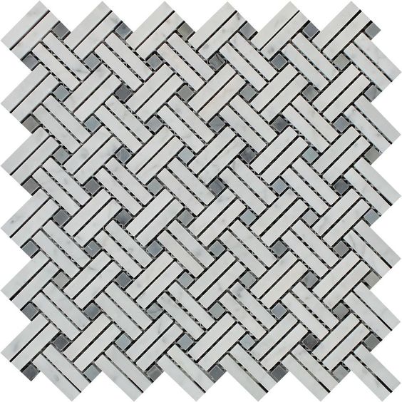 Carrara White Marble Honed Stanza Basketweave Mosaic Tile w/ Blue Gray Dots