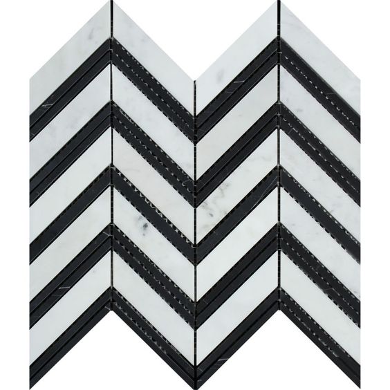 Carrara White Marble Honed Large Chevron Mosaic Tile w / Black Strips