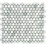 Thassos White Marble Polished Penny Round Mosaic Tile w/ Ming Green Dots