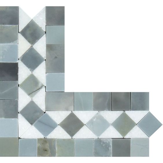 Thassos White Marble Polished BIAS Border Corner Listello w/ Blue Gray Dots