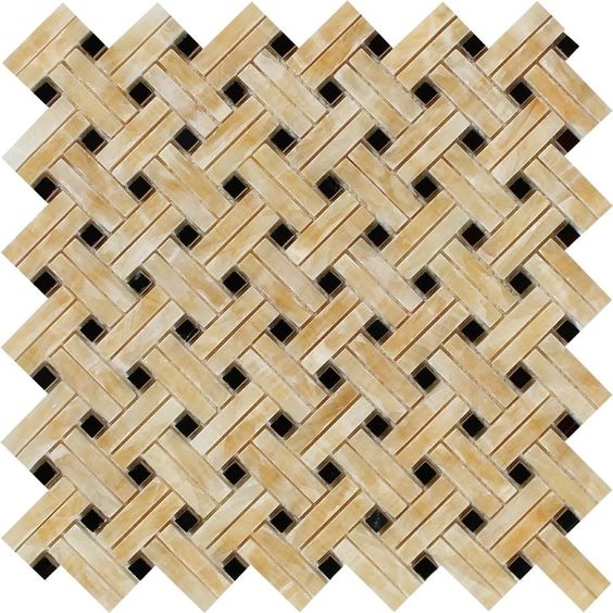 Honey Onyx Polished Stanza Basketweave Mosaic Tile w / Black Dots