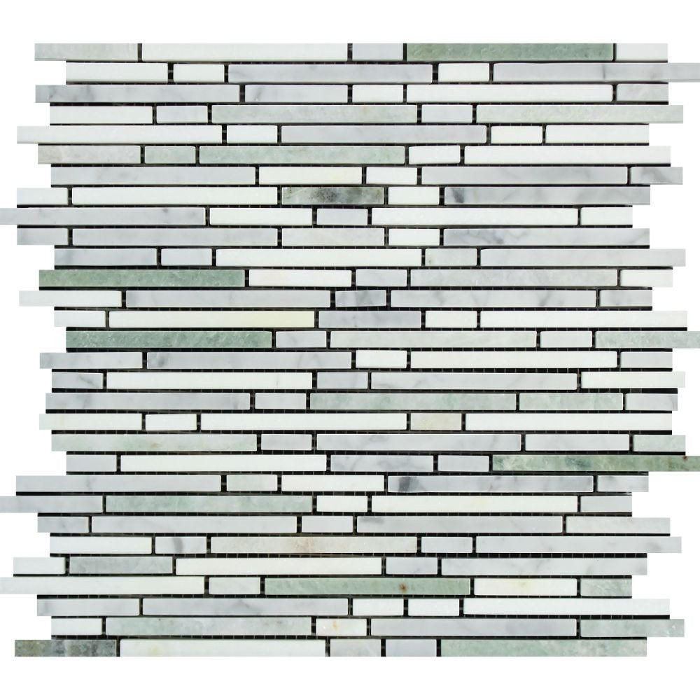 Thassos White Marble Polished Tricolor ( Thassos +Carrara +Ming-Green ) Bamboo Sticks Mosaic