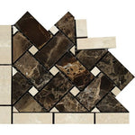 Emperador Dark Marble Polished Basketweave Border Corner Listello w/ Crema Marfil Dots