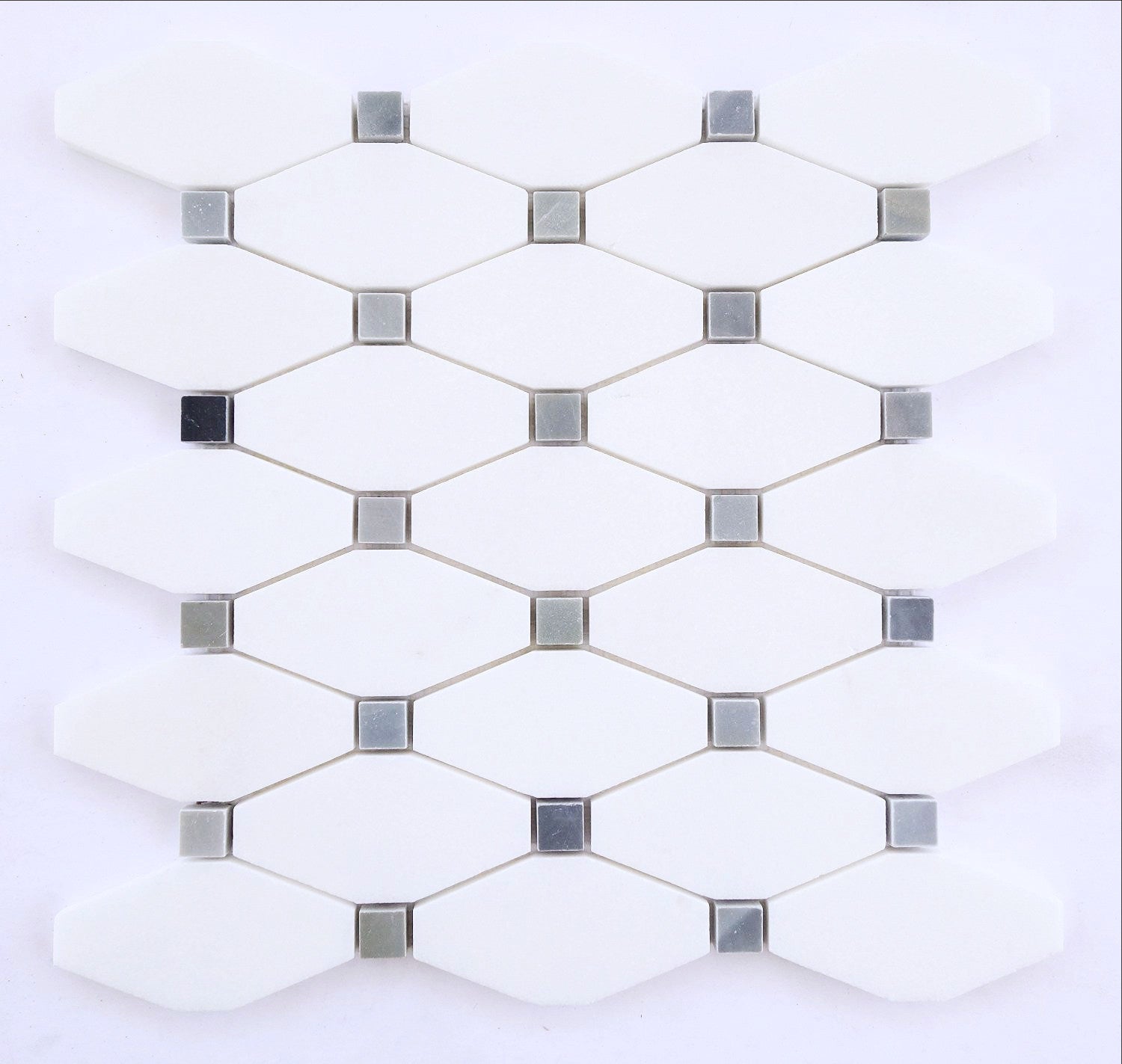 Thassos White Marble Honed Octave Pattern Mosaic Tile w/ Blue-Gray Dots