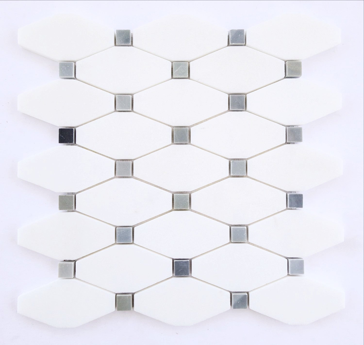 Thassos White Marble Polished Octave Pattern Mosaic Tile w/ Blue-Gray Dots