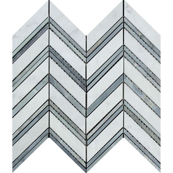 Carrara White Marble Polished Large Chevron Mosaic Tile w / Blue-Gray Strips