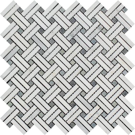 Oriental White / Asian Statuary Marble Polished Stanza Basketweave Mosaic Tile w / Blue-Gray Dots