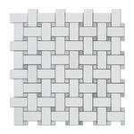 Thassos White Marble Polished Basketweave Mosaic Tile w/ Ming-Green Dots