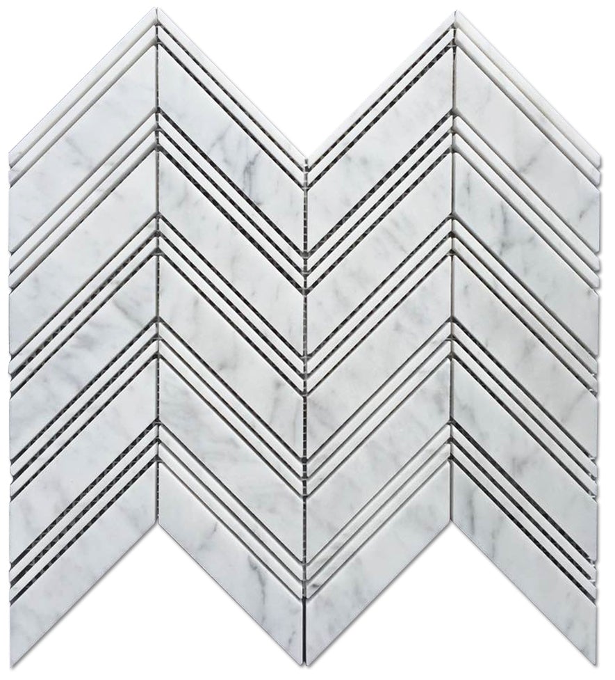 Carrara White Marble Honed Large Chevron Mosaic Tile w / Carrara Strips