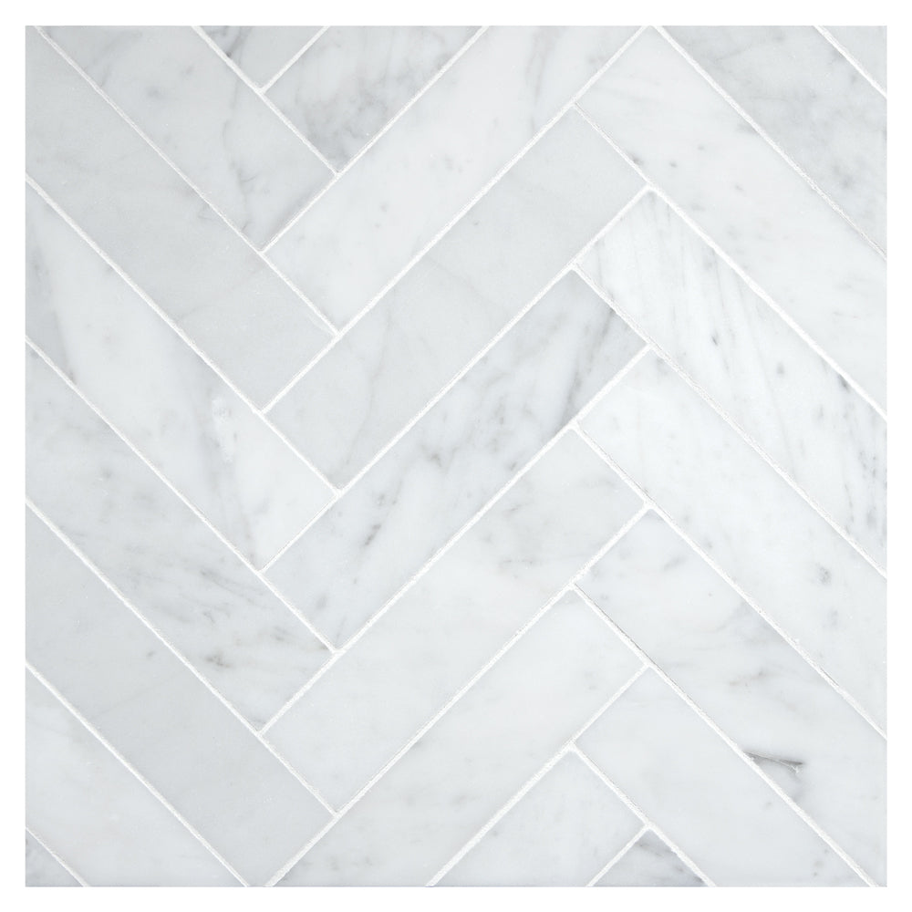 Carrara White Marble Polished 1.25 x 6 Herringbone Mosaic Tile