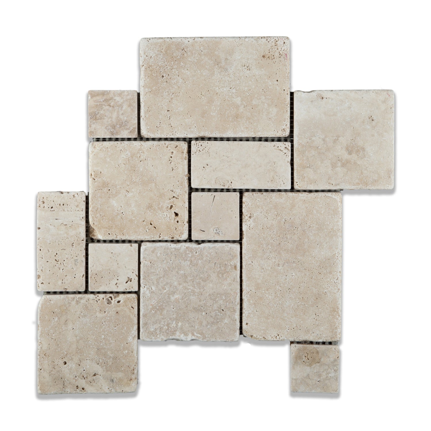 Ivory Travertine 4-Pieced OPUS Mini-Pattern Tumbled Mosaic Tile