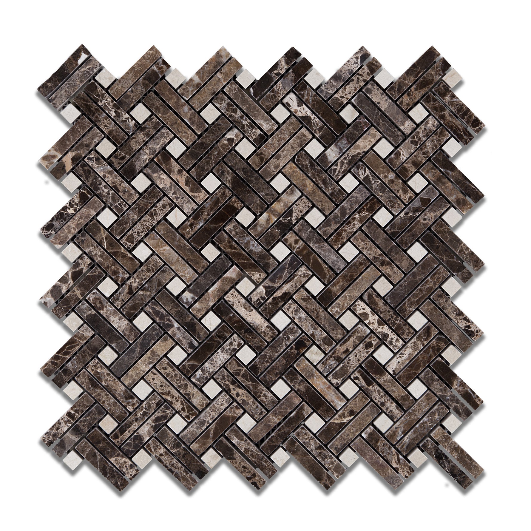 Emperador Dark Marble Polished Stanza Basketweave Mosaic Tile w/ Crema Marfil Dots