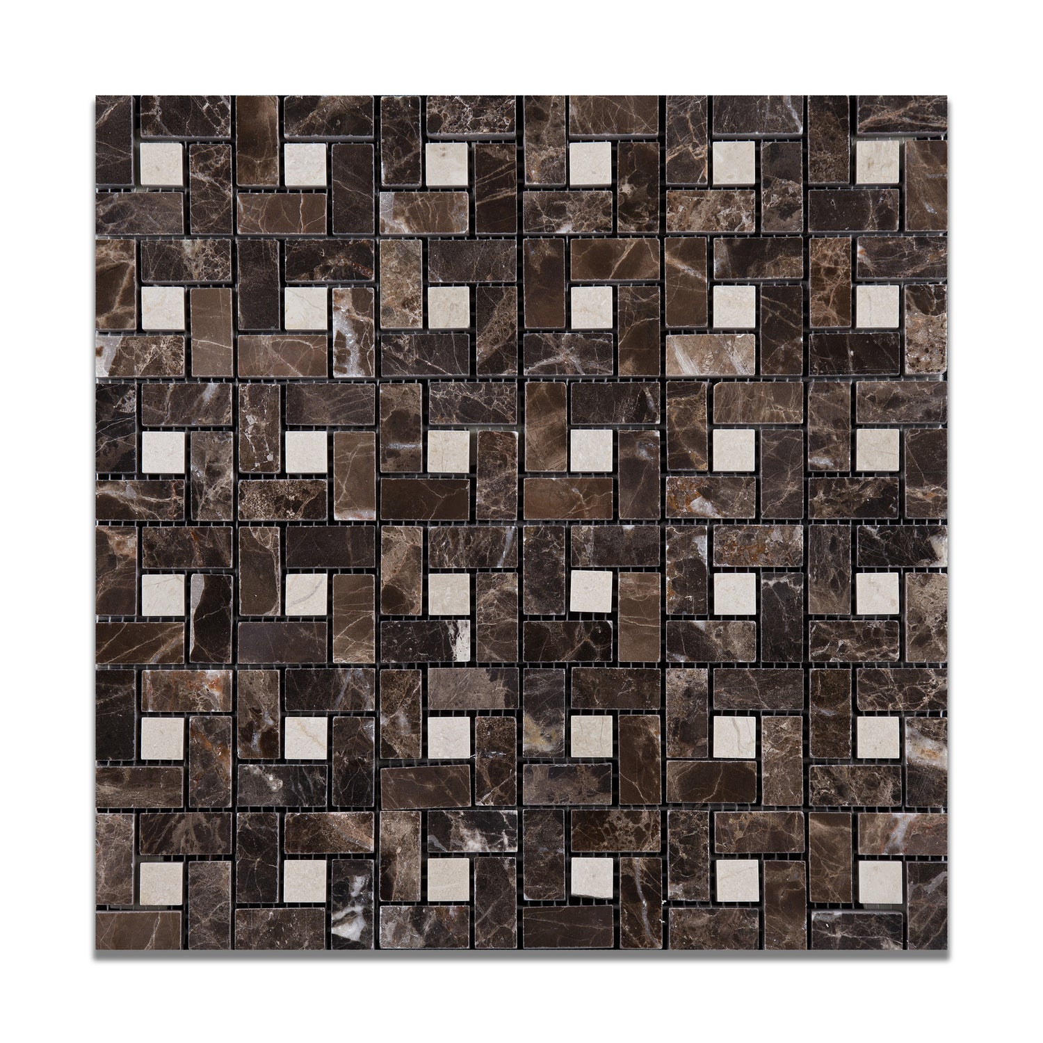 Emperador Dark Marble Polished Pinwheel Mosaic Tile w/ Crema Marfil Dots