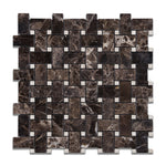 Emperador Dark Marble Polished Basketweave Mosaic Tile w/ Crema Marfil Dots