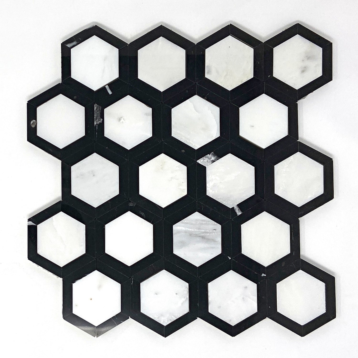 Oriental White / Asian Statuary Marble Honed 2" Vortex Hexagon Mosaic Tile w / Black