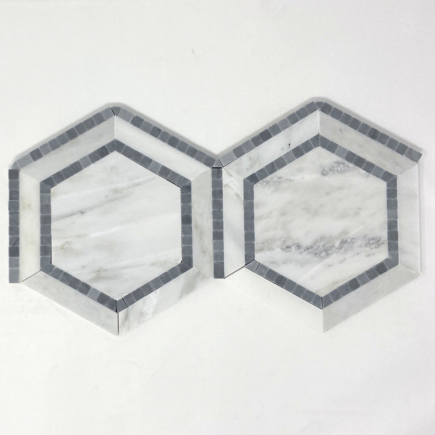 Oriental White / Asian Statuary Marble Honed 5" Hexagon Combination Mosaic Tile w / Blue