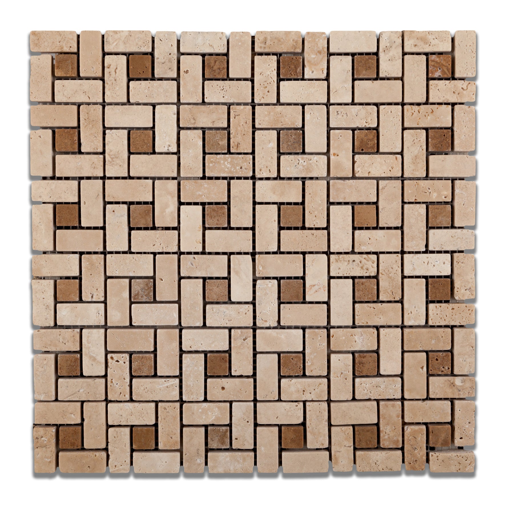 Ivory Travertine Tumbled Mini Pinwheel Mosaic Tile w/ Noce Dots