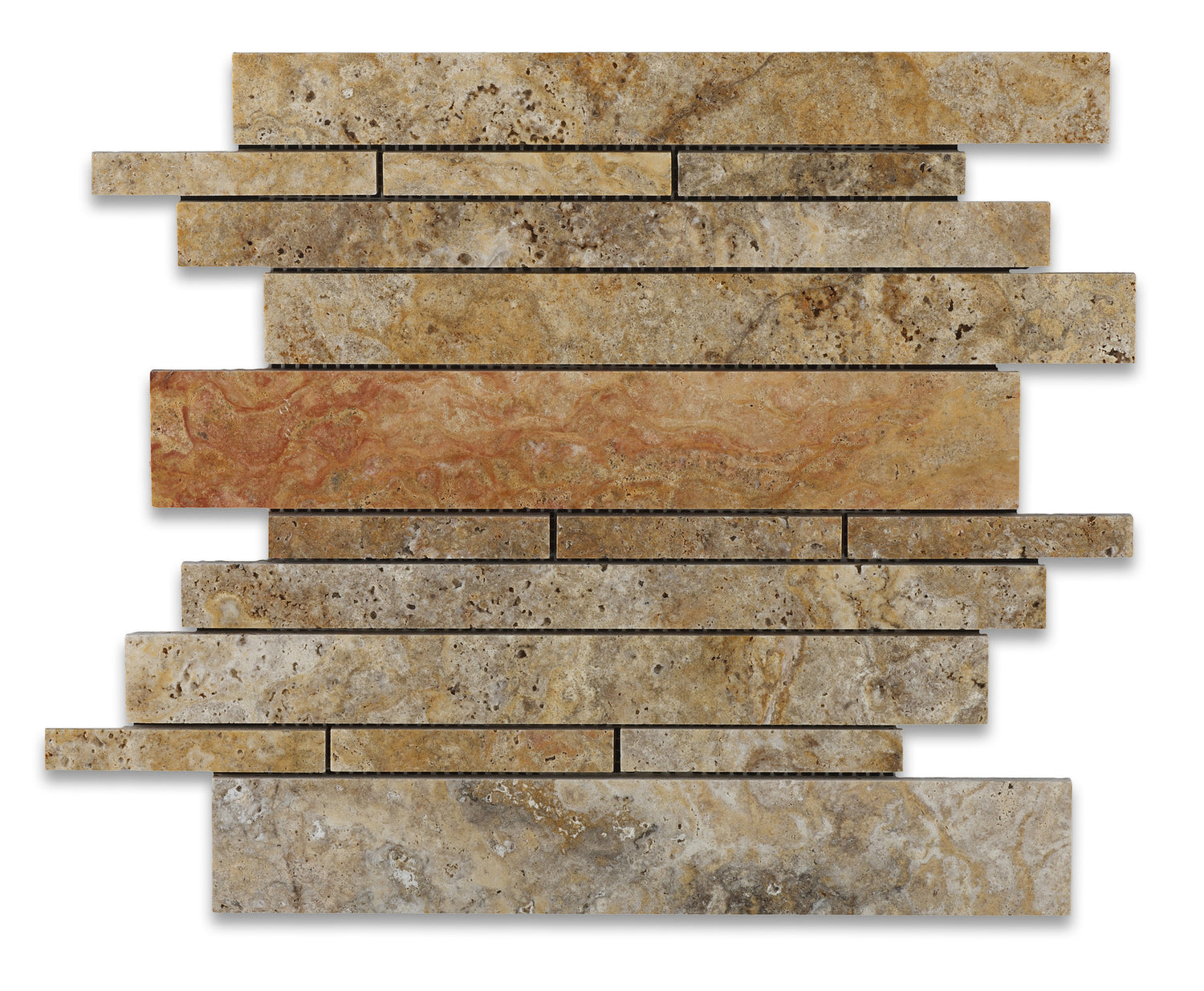 Scabos Travertine Honed Random Strip Mosaic Tile