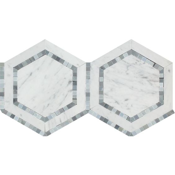 Carrara White Marble Polished 5" Hexagon Combination Mosaic Tile w / Blue-Gray