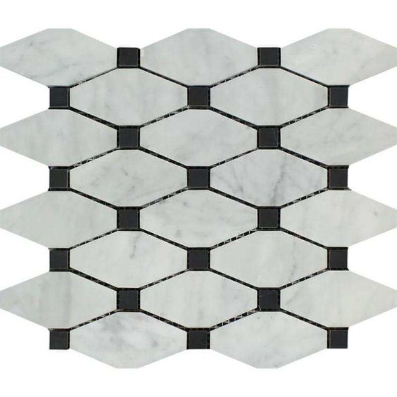 Carrara White Marble Honed Octave Pattern Mosaic Tile w/ Black Dots