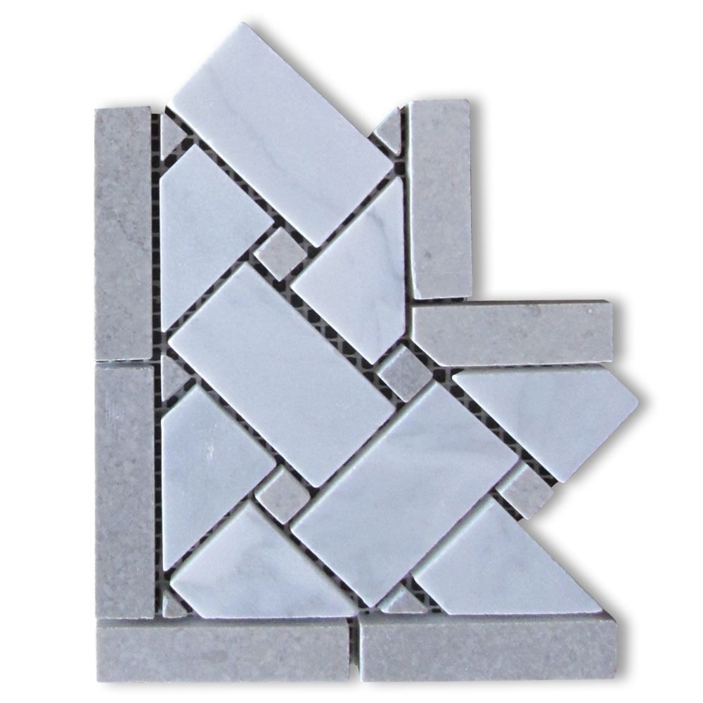 Carrara White Marble Polished Basketweave Border Corner w / Blue-Gray Dots