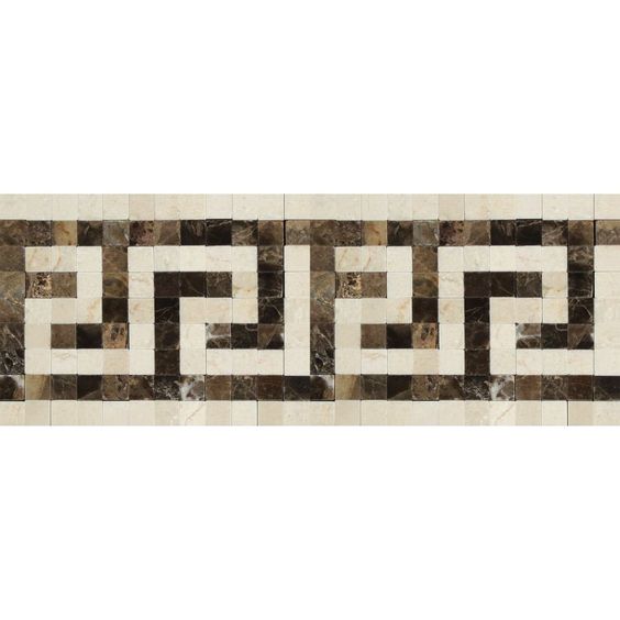 Crema Marfil Marble Polished Greek Key Border Listello w/ Emperador Dark