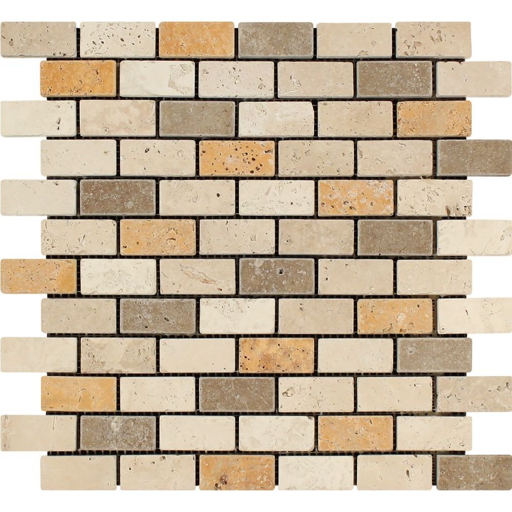 1 X 2 Mixed Travertine Tumbled Brick Mosaic Tile