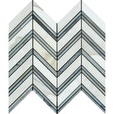 Calacatta Gold Marble Honed Large Chevron Mosaic Tile w / Blue - Gray Dots Marble Strips