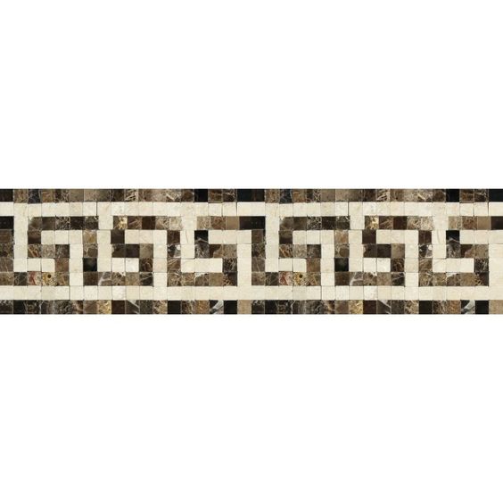 Emperador Dark Marble Polished Greek Key Border Listello w/ Crema Marfil Dots