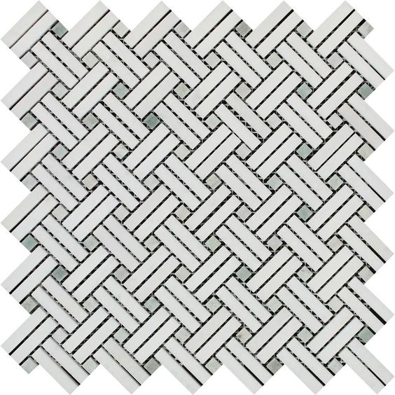 Thassos White Marble Honed Stanza Basketweave Mosaic Tile w/ Ming Green Dots