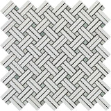 Thassos White Marble Polished Stanza Basketweave Mosaic Tile w/ Ming Green Dots