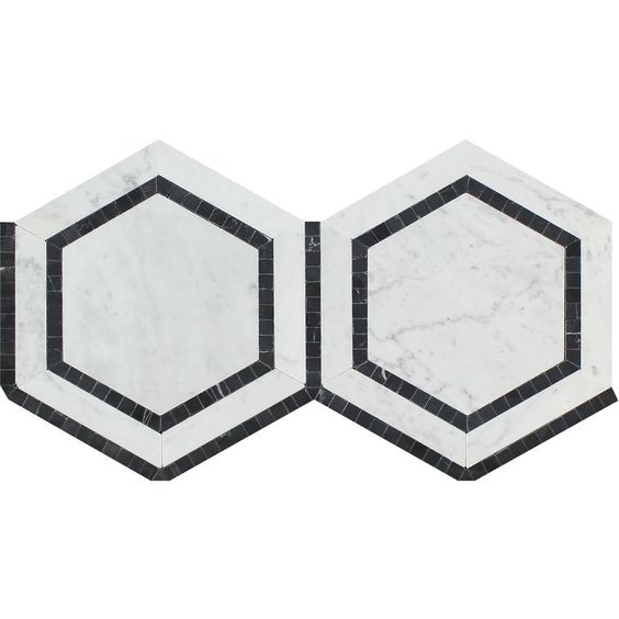 Carrara White Marble Honed 5" Hexagon Combination Mosaic Tile w / Black