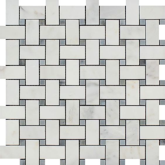 Oriental White / Asian Statuary Marble Honed Basketweave Mosaic Tile w/ Blue Gray Dots