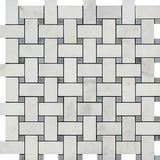 Oriental White / Asian Statuary Marble Honed Basketweave Mosaic Tile w/ Blue Gray Dots