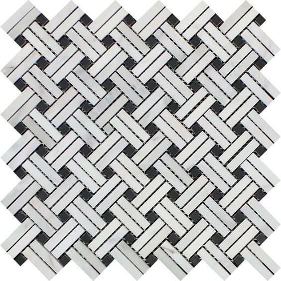 Oriental White / Asian Statuary Marble Honed Stanza Basketweave Mosaic Tile w / Black Dots