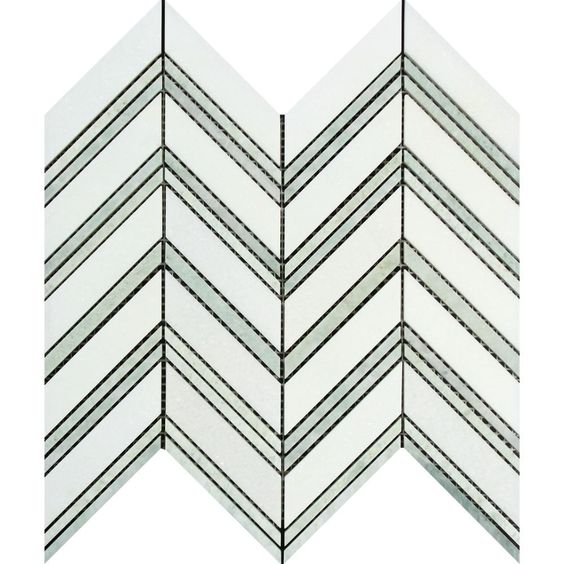 Thassos White Marble Polished Large Chevron Mosaic Tile w / Ming-Green Dots Strips