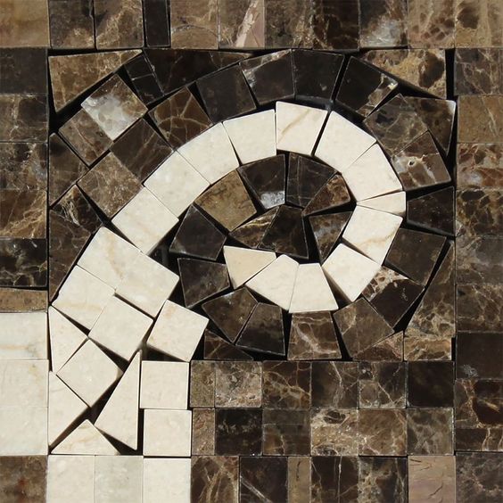 Emperador Dark Marble Polished Wave Border Corner Listello w/ Crema Marfil Dots