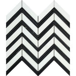 Thassos White Marble Honed Large Chevron Mosaic Tile w / Black Dots Strips