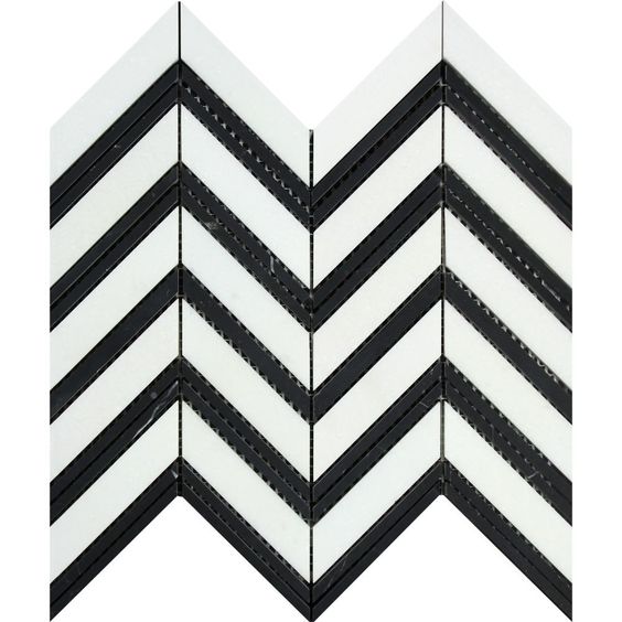 Thassos White Marble Polished Large Chevron Mosaic Tile w / Black Dots Strips