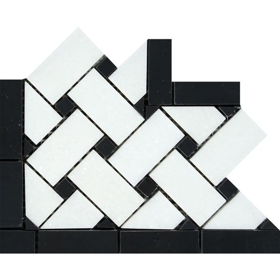 Thassos White Marble Honed Basketweave Border Corner w / Black Dots