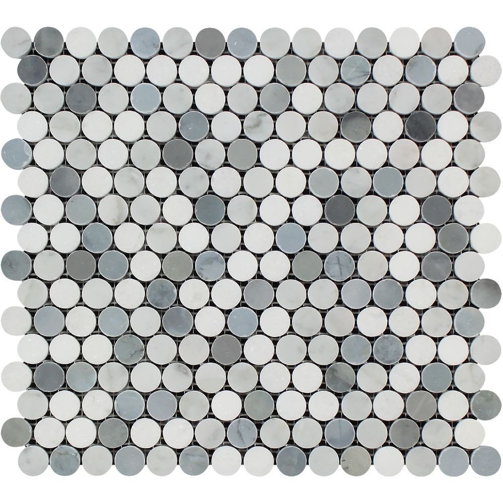 Carrara White Marble Honed Penny Round Mosaic Tile w / Blue Gray Dots