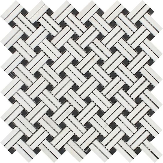 Thassos White Marble Honed Stanza Basketweave Mosaic Tile w/ Black Dots